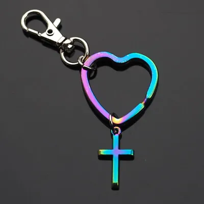 $6.49 • Buy Small Cross Rainbow Neon Keychain Pendant Heart Shaped Key Ring Clip Gift