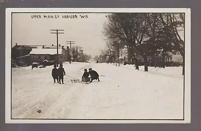 Horicon WISCONSIN RPPC 1911 MAIN STREET Snow KIDS & SLED Nr Juneau Mayville KB • $16.99