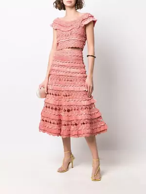 ZIMMERMANN Size 1 / AU 10 / US 6 Pink Tiered Raffia Crochet Midi Skirt • $550