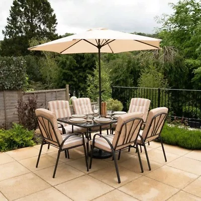 6 Seater Metal Garden Furniture Table Chairs Set Parasol Patio Beige Outdoor • £514.98