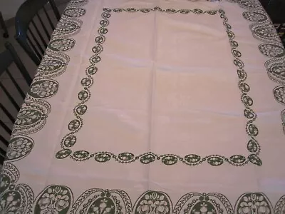 Vintage Linen Floral Tablecloth Olive Green Damask 59 X 48 • $24.99