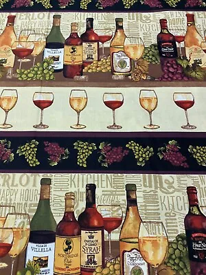 Wine Bottles Glasses Grapes Corks With Border Cotton Fabric Fq • $4.10