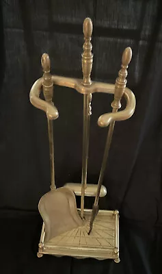 Vintage Solid Brass 3 Tool Fireplace Set + Footed Stand - Mid Century Estate • $120