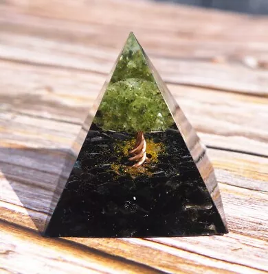 Tree Of Life Meditation Orgone Pyramid Obsidian Peridot Orgonite Pyramid Decor • $19.92