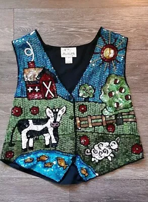 Vintage Sequin Beaded Vest Medium Quacker Factory Farmcore Farm Cows Barn Fish   • $49.99