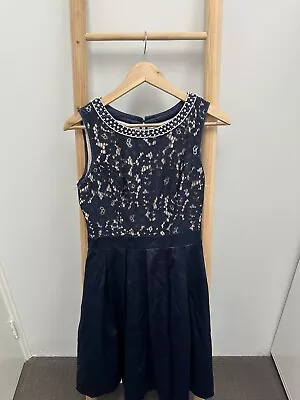 Review Dress Size 10 Navy Blue Lace Floral Bead Details Flare Skirt • $39