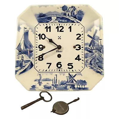 Delft Dutch Ceramic Plate 8 Day Wall Clock Blue White Kienzle Germany With Key • $99.99