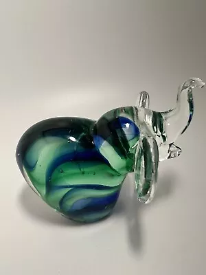 Vintage Handblown Murano Style Glass Elephant Blue & Green Figurine • $24.99