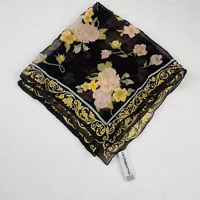 Vtg Liz Claiborne Square Silk Scarf 31” Floral Black Multi Semi Sheer Finish • $15
