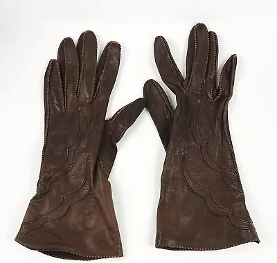 Vintage Brown Leather Gloves Custom Scalloped Dsgn Union Made Size 6 Petite Fit • $0.01