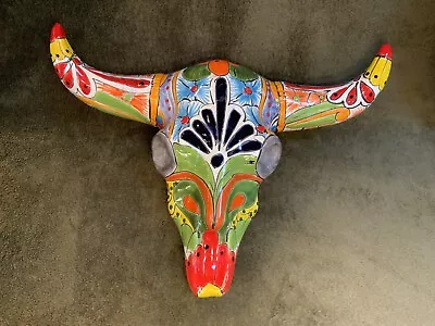 Mexican Talavera Ceramic Hand-Painted Wall-Hanging 16” Cow Skull • $35