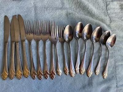 CAMBRIDGE Vintage GOLD ACCENT STAINLESS FLATWARE CHINA 16 PIECES • $20.49