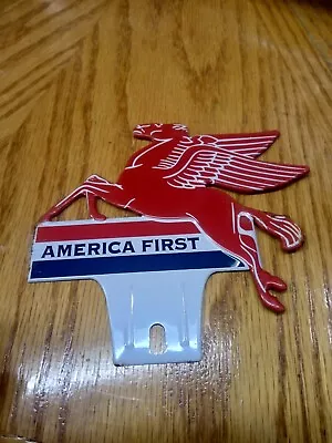 MOBIL PEGASUS AMERICA FIRST  LICENSE PLATE TOPPER SIGN Metal Gas Oil Tin NOS • $14.99