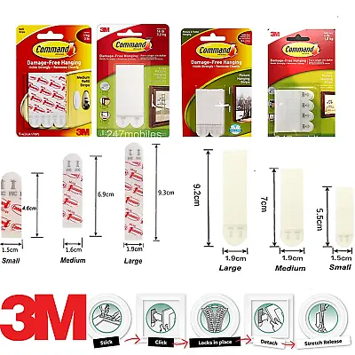 3m Command Strips Self Adhesive Picture Frame Hanging Strips White S M L • £2.89