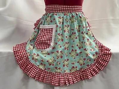 RETRO VINTAGE 50s STYLE HALF APRON / PINNY - STRAWBERRIES ON MINT With GINGHAM • £26.99