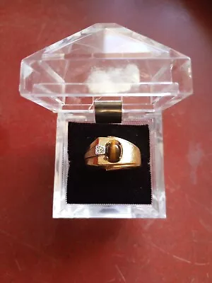 Vintage Mens Ring Sz 11 Gold 18K Tigers Eye Diamond Jewelry. Mid-century Design! • $149.95