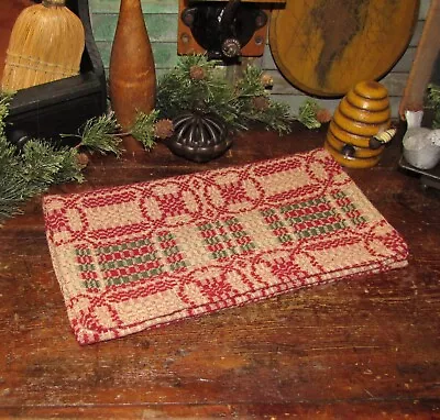 $11.95 • Buy Primitive Antique Vtg Style Red Green Tan Cotton Woven COVERLET RUNNER RQ30RGSR