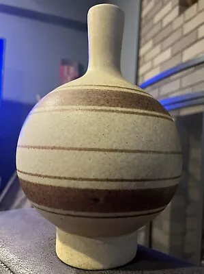 Pottery Craft USA Medium Round Stoneware Vase Beige Brown  Vintage Handcrafted • $14.99