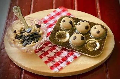 DOLLHOUSE MINIATURE MUFFIN MAKING DISPLAY With CHOCOLATE CHIPS BOWL & SPOON • $4.99
