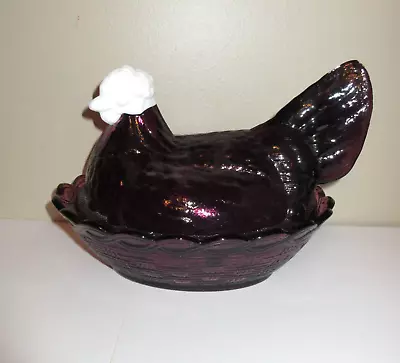 Fenton Hen On Nest 8.25  Purple With White Milk Glass Head Eggs Split Tail Large • $114.99