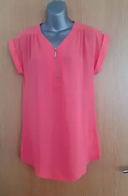 Peacocks Bright Coral Chiffon Zip Up Neck Long Top Size 8 Nwot • £2.99