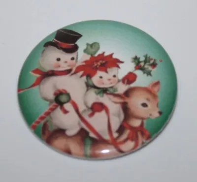 CHRISTMAS SNOWMAN RIDING REINDEER MAGNET Or PIN BACK Vintage Holiday Art Fridge • $3.89