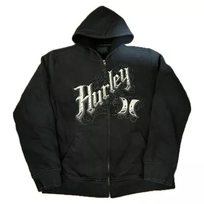 Hurley Graphic Print Men’s Zip-Up Black Hoodie Fur-Lined Size Large Y2K Grunge • $50