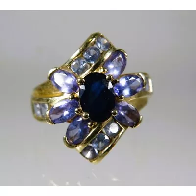 9ct Blue Sapphire And Tanzanite Flower Cluster Ring Size O 1/2 4.5g QVC • £189.99