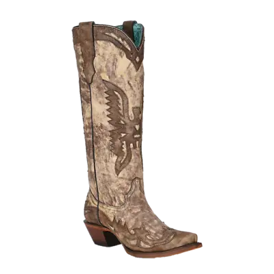Corral Ladies Eagle Overlay Snip Toe Taupe Brown Tall Boots A4303 • $174.97
