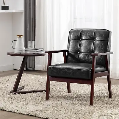 Mid Century Modern Accent Chair Retro Wood And Leather Armchairs Side Chair Lo • $172.97
