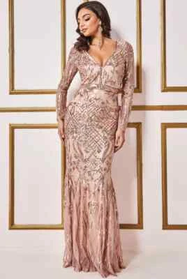 £79.99 • Buy Goddiva Champagne Long Sleeve Sequin Evening Party Maxi Dress Size UK 16