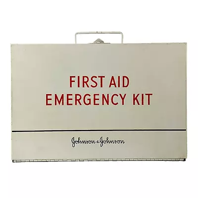 Vintage Johnson & Johnson First Aid Emergency Kit EMPTY White Metal Case ONLY • $25