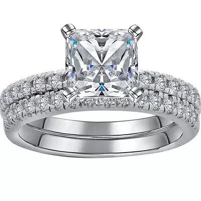 $29.99 • Buy 925 Sterling Silver Square Diamond Created Wedding Engagement Two Ring Set R128