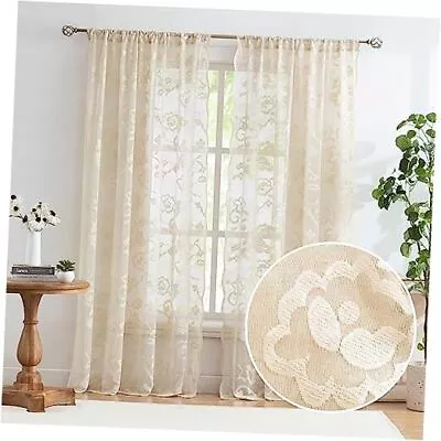  Beige Floral Lace Sheer Curtains With Decorative Scalloped L84  Floral | Beige • $42.22