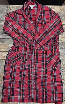 Vermont Country Store Mens Flannel Robe Sz L Red Stewart Plaid Pockets Belted • $32