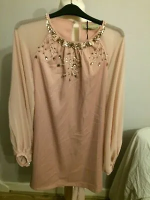 Cotton Club Pink Beaded Long Sleeved Party Dress UK 12 RRP £25 • £8.39