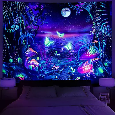 Tapestry Forest Blacklight Fantasy Uv Reactive Wall Hanging Mushroom Decor • $28