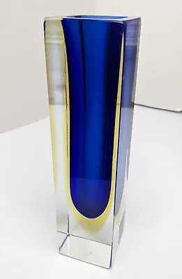 Vintage Murano Faceted Blue & Amber Sommerso Art Glass Block Vase • $195