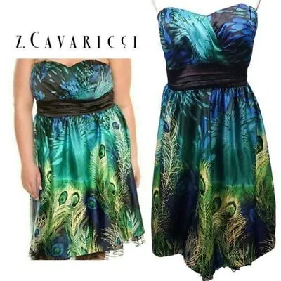 $40 • Buy Z CAVARICCI Peacock Print Strapless Cocktail Dress Fit & Flare Date Night 12