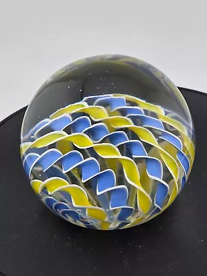 Vintage Murano Art Glass Paperweight Blue Yellow Ribbon • $50