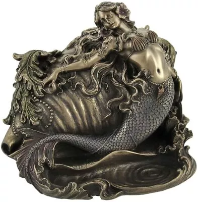 Mermaid & Conch Shell Trinket Box Nautical Décor Statue Bronze Color • $88.65