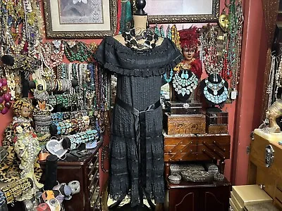 Gorgeous Vintage  Black Pintuck Mexican Dress With Lace Trim Off The Shoulder Sm • $130