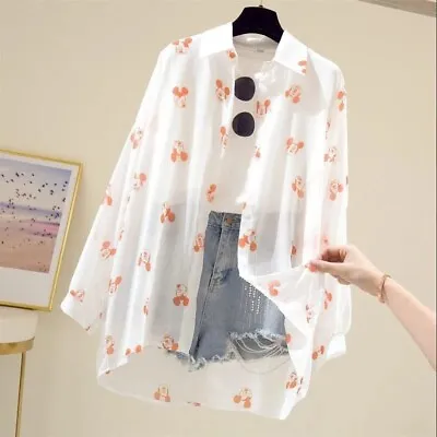 Women's Mickey Mouse Print Long Sleeve Tops Loose Fit White Blouse Casual Shirt • $13.98