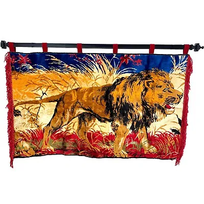 $90 • Buy VTG Roaring Lion Big Cat Wall Decor Velveteen Tapestry Rug Banner W/Red Fringe