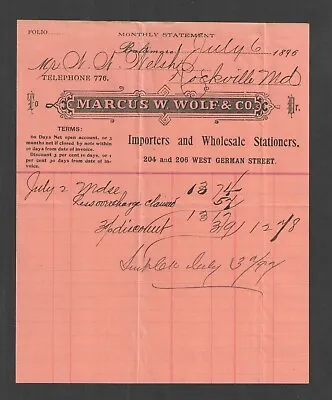 1896 Marcus W Wolf & Co { Importers Wholesale Stationers } Baltimore Md Billhead • $4
