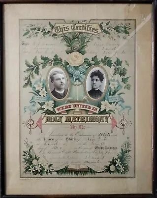 Old Vintage 1884 New York Large Size Marriage Certificate Framed 19.75  X 15.5   • $200