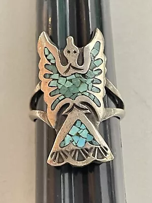 Sterling Silver Turquoise Thunderbird Ring Sz 6.75 29mm Long Old Pawn AZ Estate • $58.97