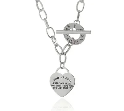 Silver Necklace Fashion Unisex Cross Heart Pendant Bible Verse Proverbs 4:23 • $8.99