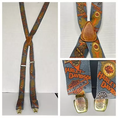 VTG Harley Davidson Suspenders MCM Style Logos Blue Orange Yellow Leather Patch • $24.99