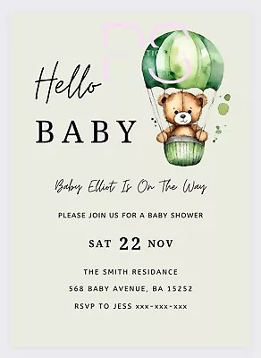 10 Green Teddy Baby Shower Personalised Birthday Party Invitations Invite • £6.50